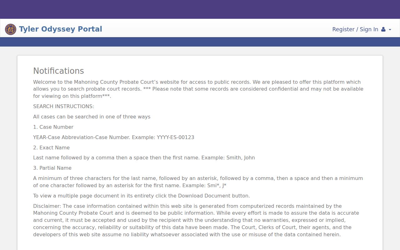 Mahoning County Probate case search portal and docket records