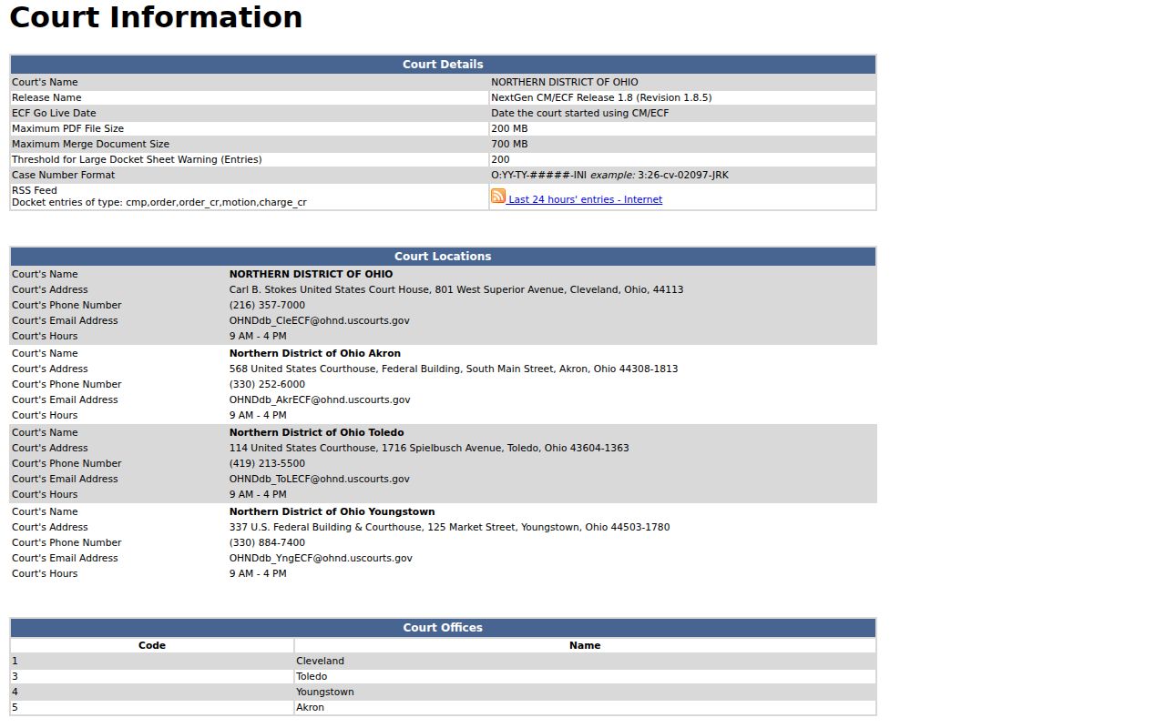Mahoning County court case records and Northern District federal court route