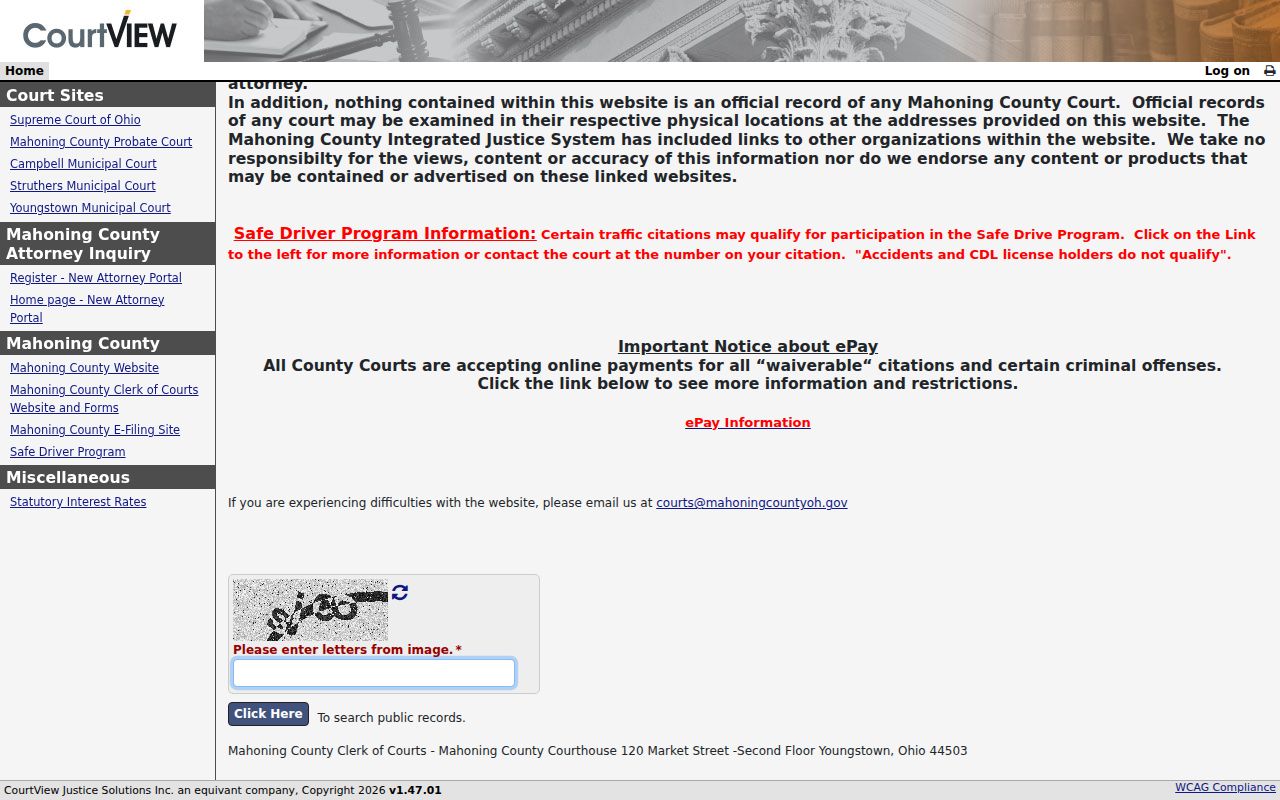 Mahoning County court docket eAccess public case information route