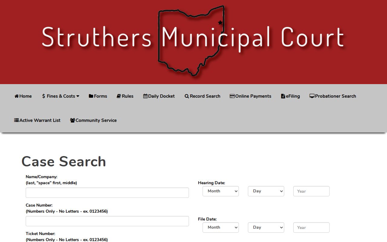 Struthers court records public search form