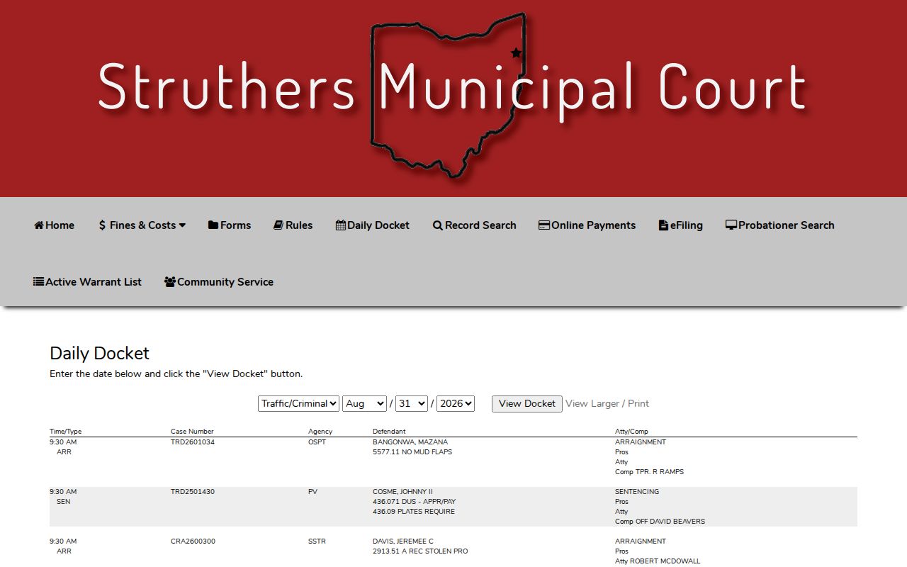 Struthers court docket daily calendar record search