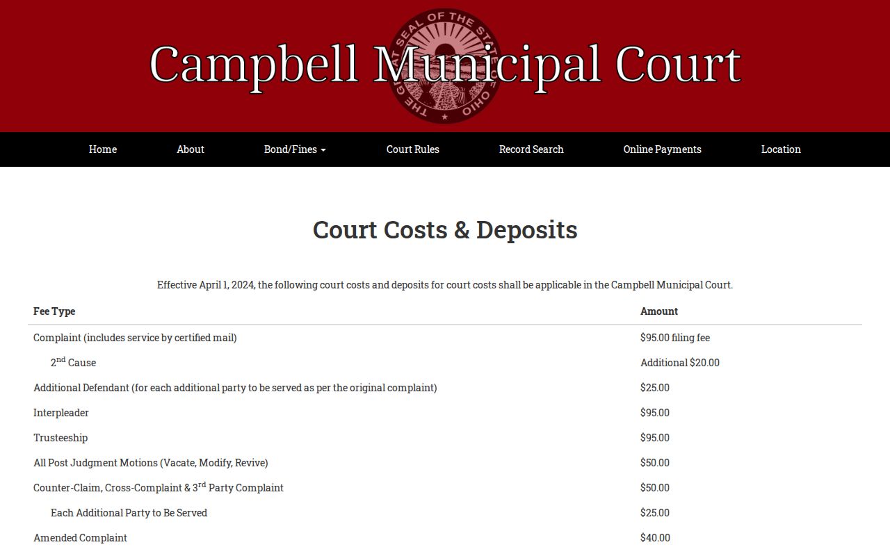 Mahoning County traffic court records Campbell Municipal Court fee information